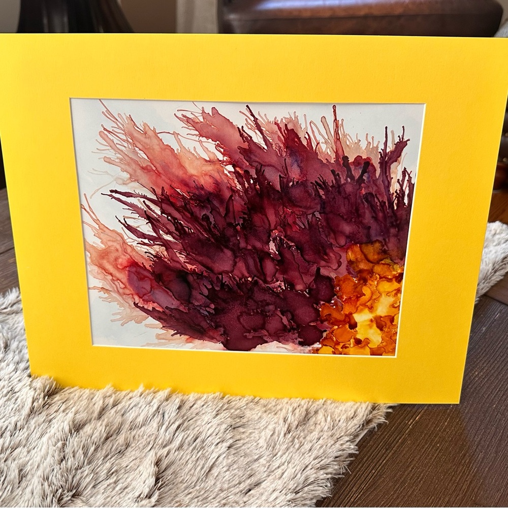 Handcrafted original abstract burgundy yellow alcohol ink wall decor painting